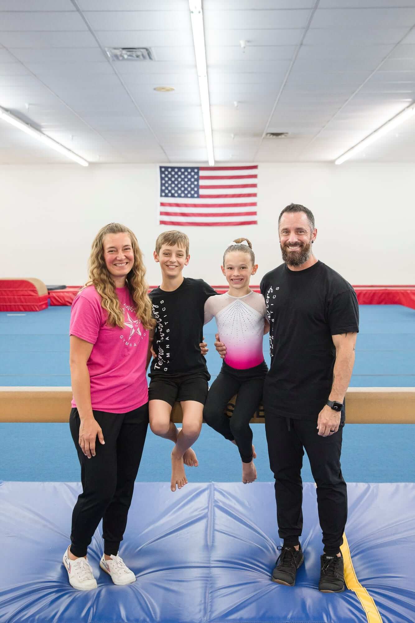 Becky, our kids, and me at Texas Twisters Gymnastics